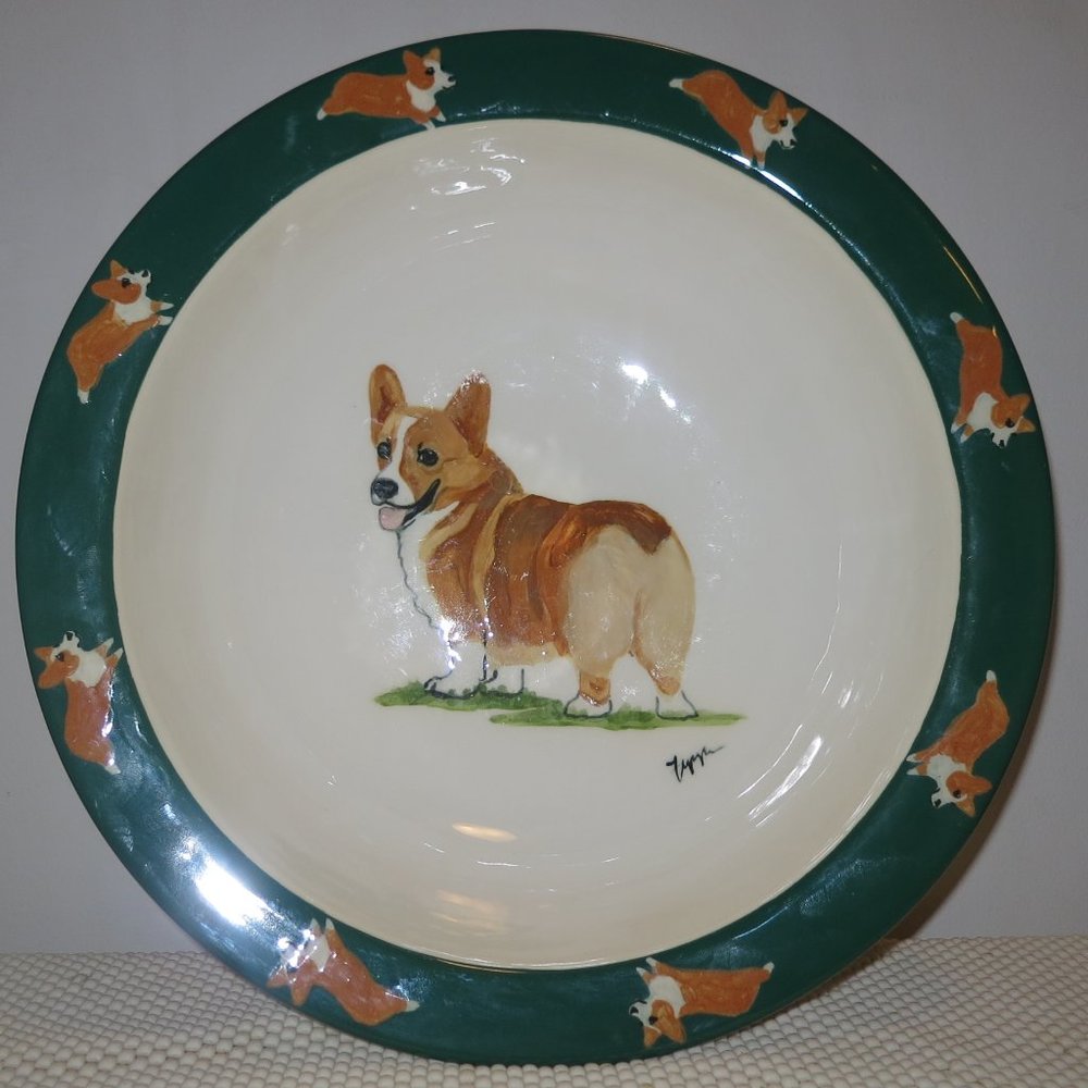 Zeppa Welsh Corgi Dog Serving Bowl Large 12.5" Signed Decor Green Brown 1996